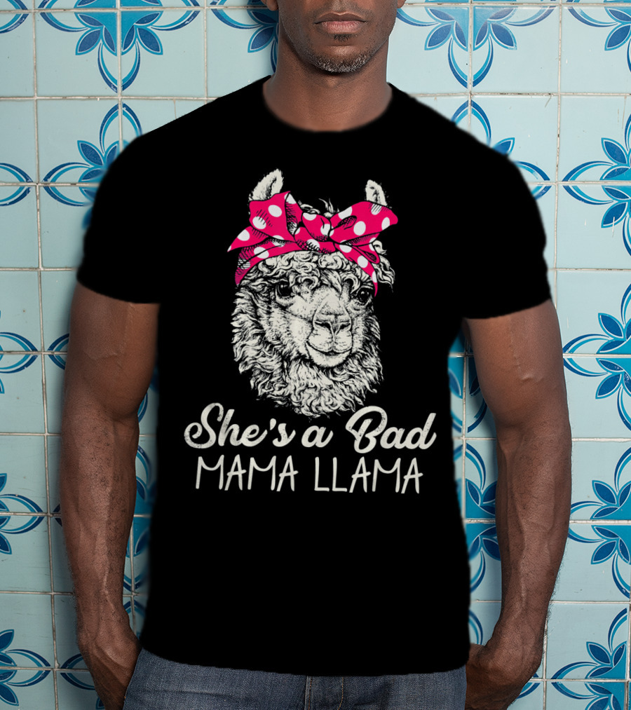 She's A Bad Mama Llama Retro Illustration With Red Polka Dot Headband T-Shirt
