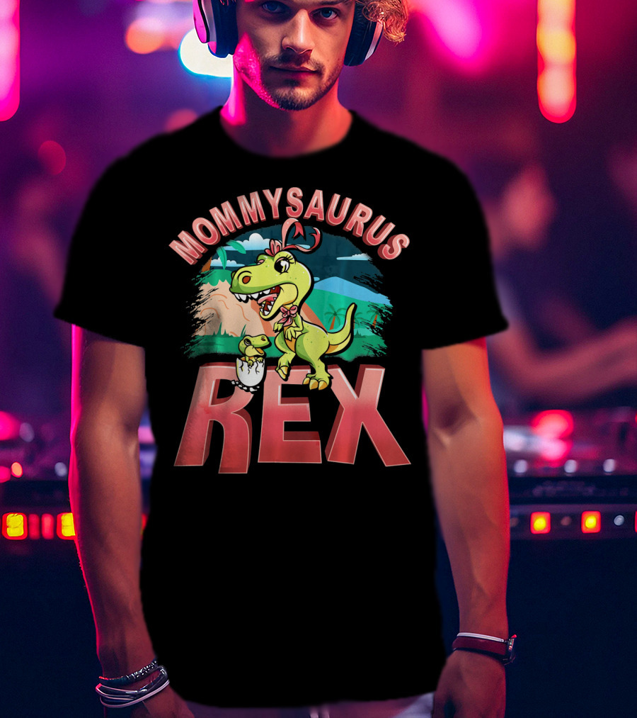 Mommysaurus Rex Dinosaur With Baby Egg In Prehistoric Landscape T-Shirt