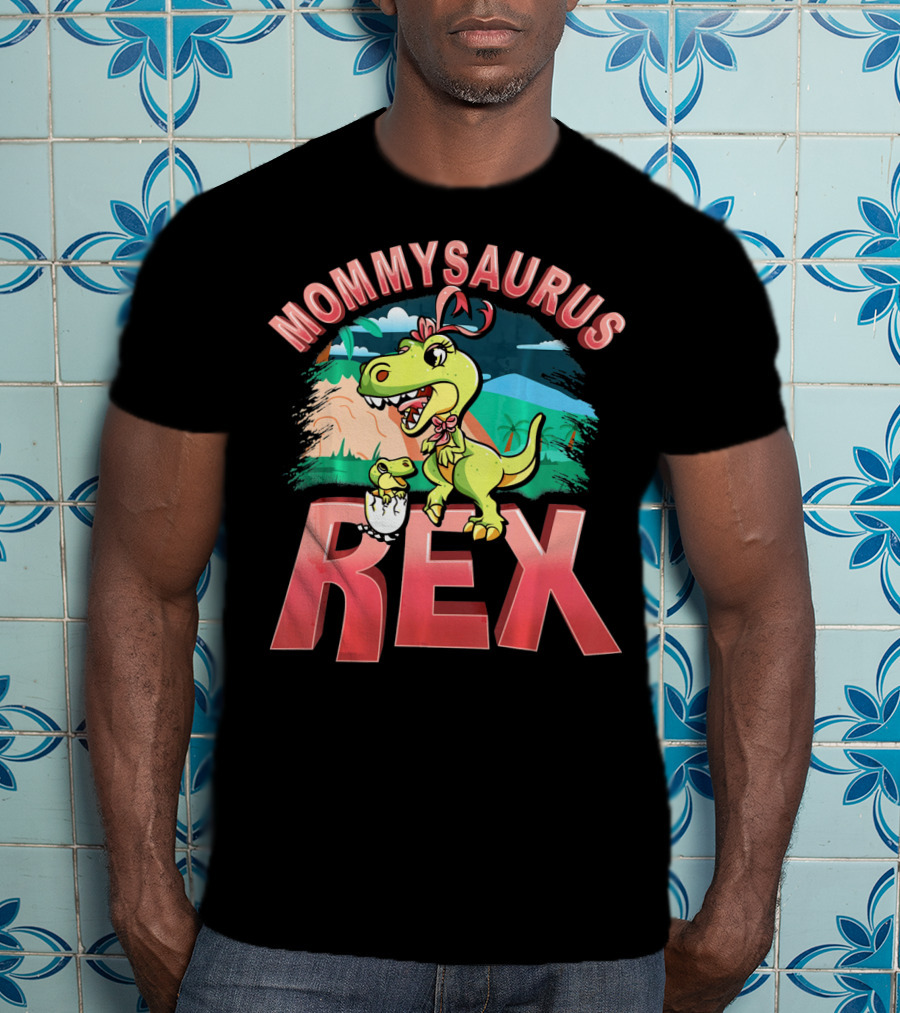 Mommysaurus Rex Dinosaur With Baby Egg In Prehistoric Landscape T-Shirt