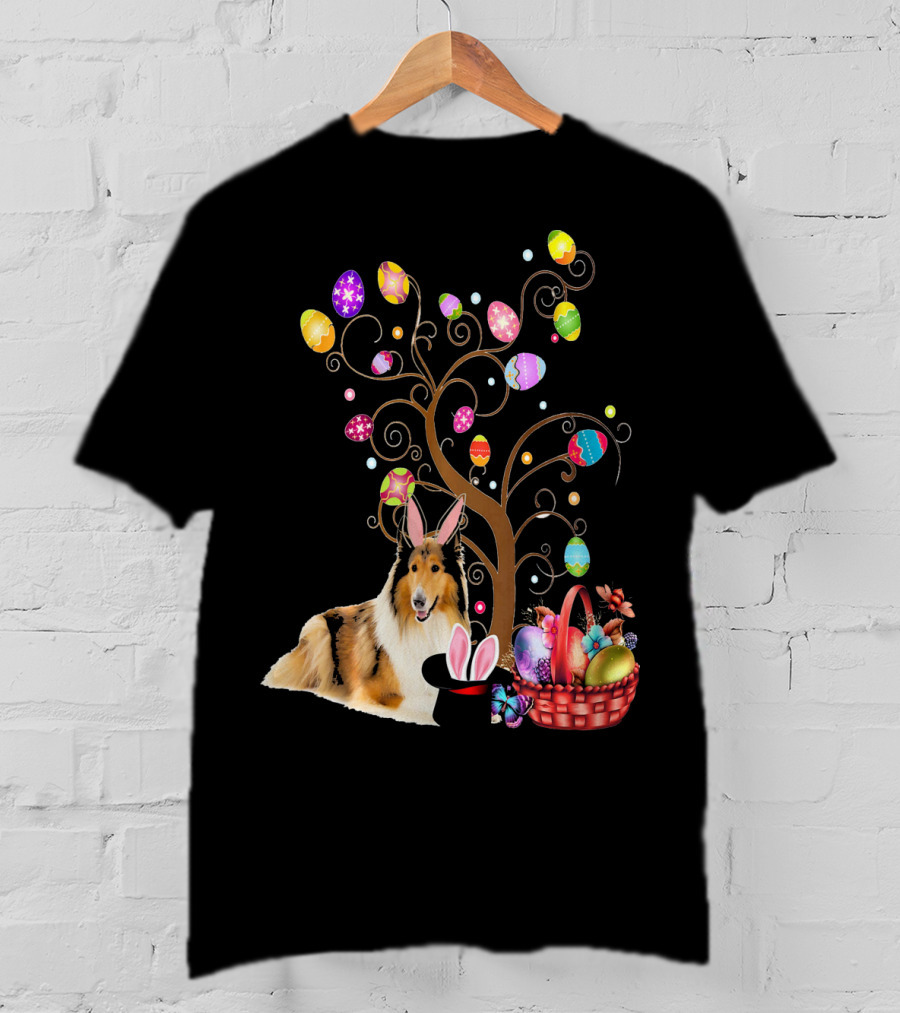 Bunny Rough Collie Easter Day Hunting Eggs Basket Tree T-Shirt