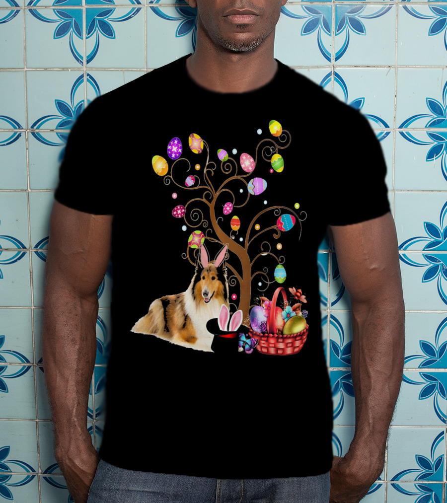 Bunny Rough Collie Easter Day Hunting Eggs Basket Tree T-Shirt