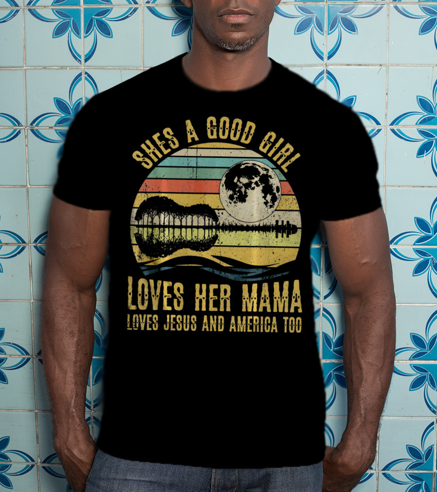 She's A Good Girl Loves Her Mama Loves Jesus And America Too Retro Acoustic Guitar Moon T-Shirt