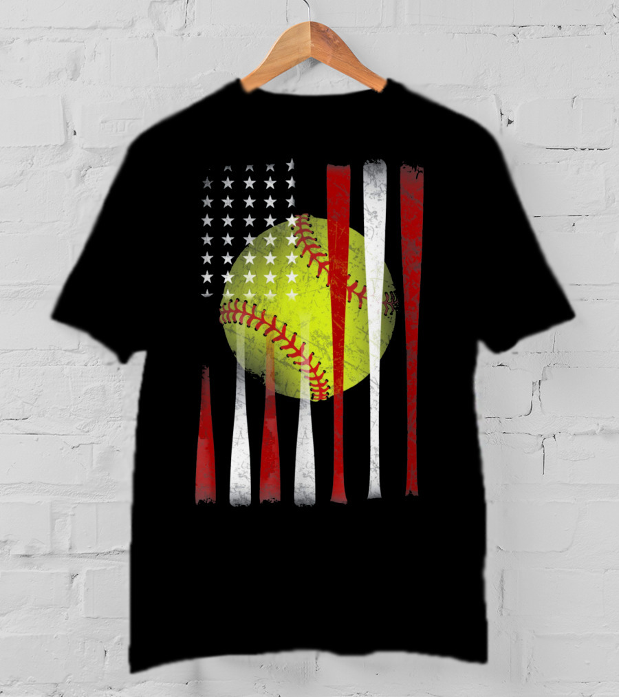 American Flag Vintage Softball Bats Stars Baseball T-Shirt