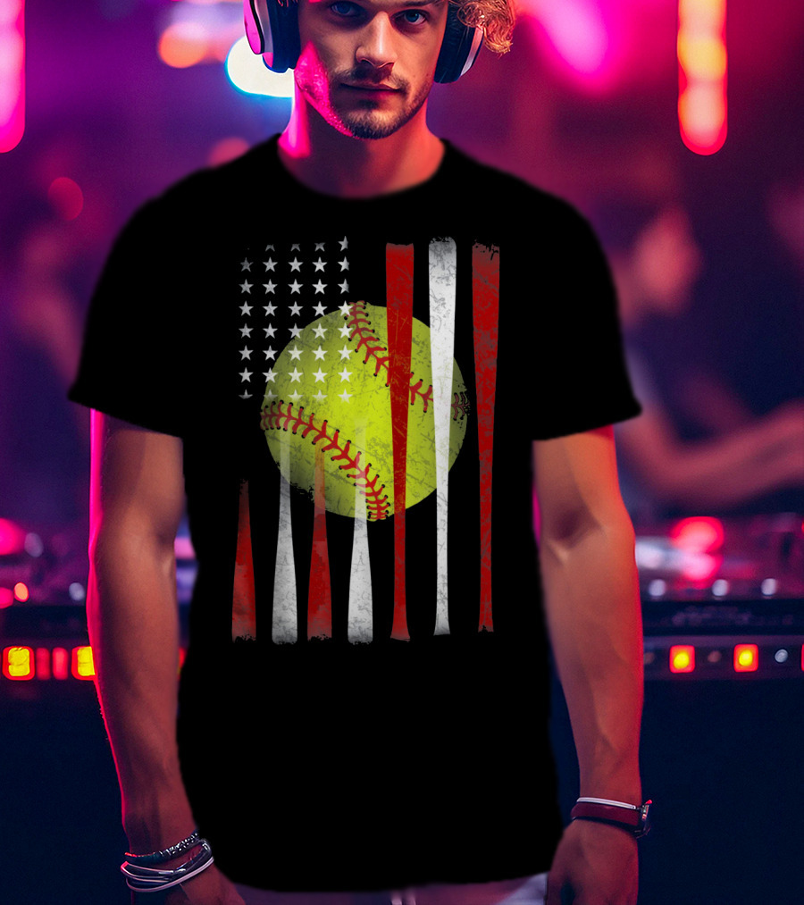 American Flag Vintage Softball Bats Stars Baseball T-Shirt