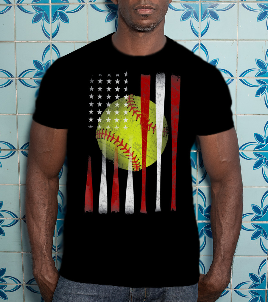 American Flag Vintage Softball Bats Stars Baseball T-Shirt