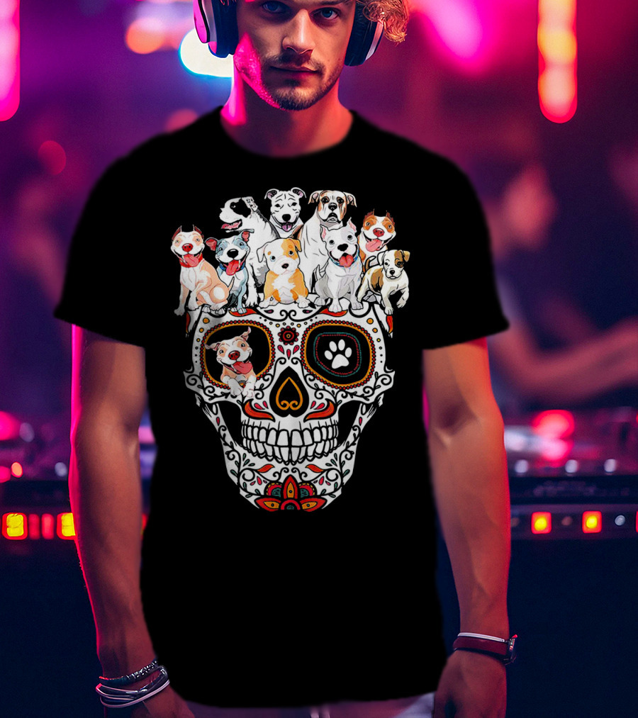 Pitbull Mom Sugar Skull Funny Canine Compilation T-Shirt