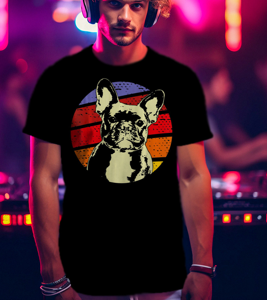 Vintage French Bulldog Dad Retro Colorful Stripes T-Shirt