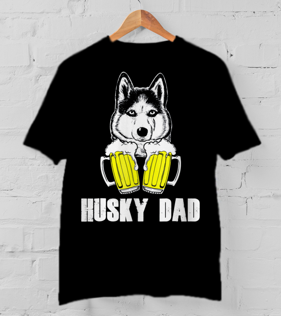 Husky Dad Funny Beer Day With Yellow Beer Mugs T-Shirt