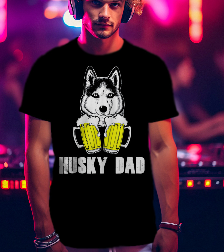 Husky Dad Funny Beer Day With Yellow Beer Mugs T-Shirt