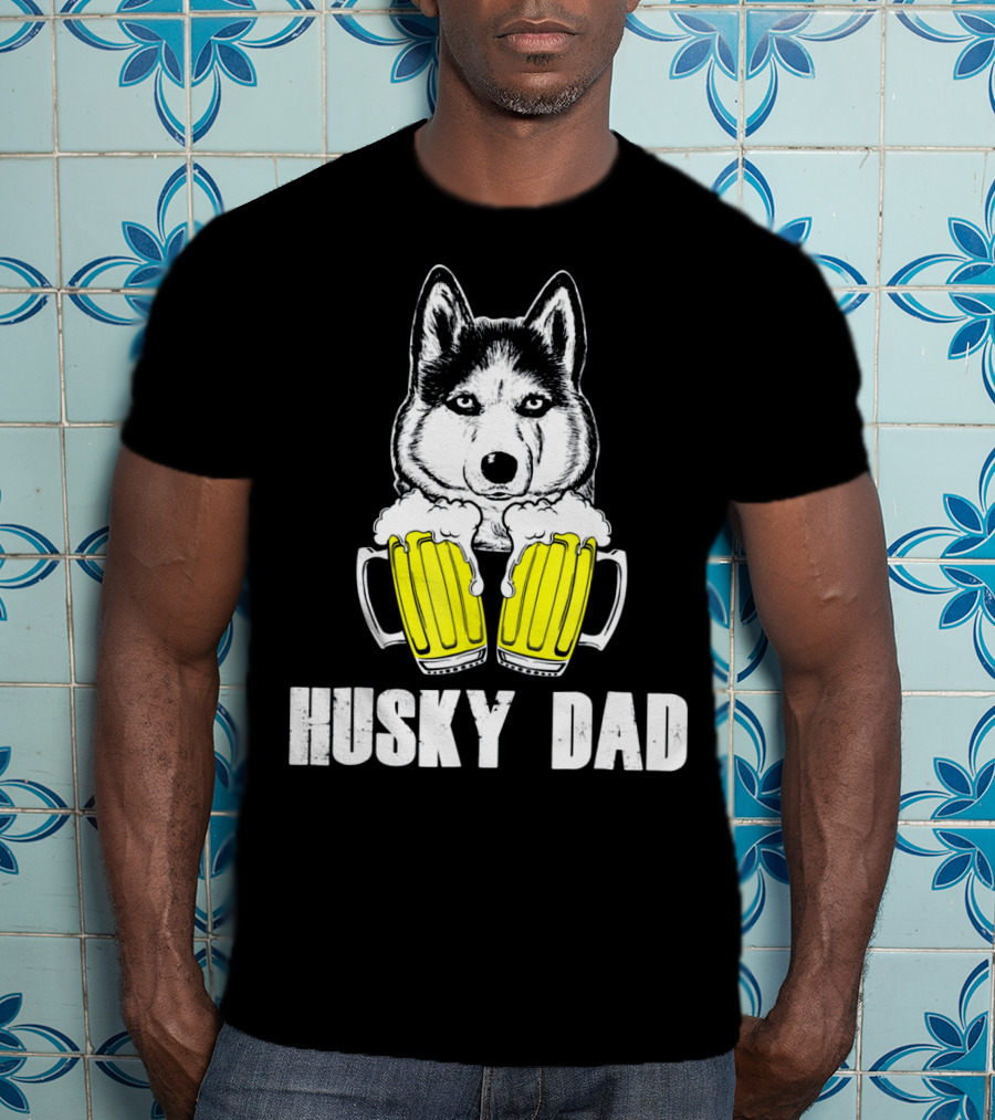 Husky Dad Funny Beer Day With Yellow Beer Mugs T-Shirt