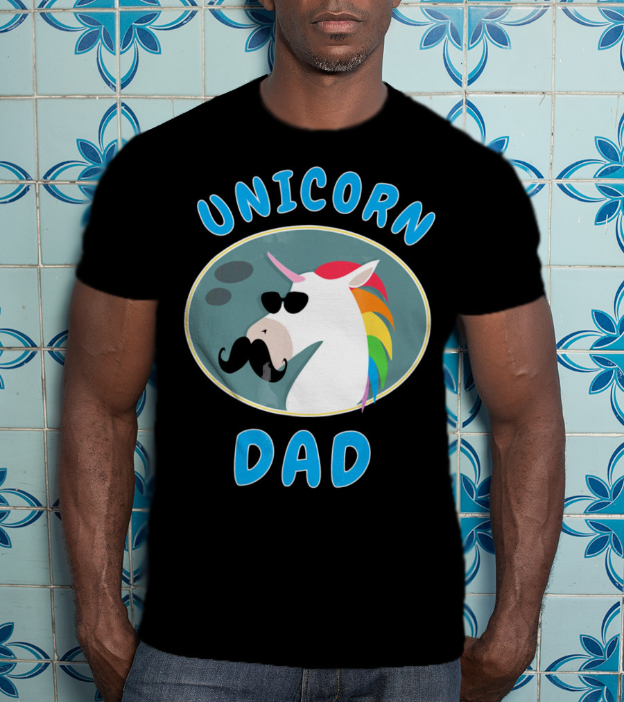 Unicorn Dad Funny Father Rainbow Mustache Sunglasses T-Shirt