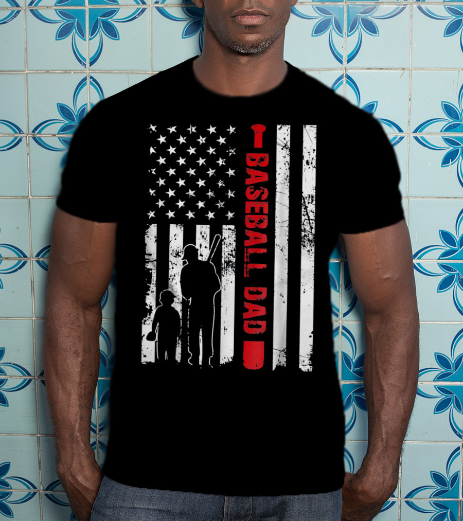 Mens Proud Baseball Dad American Flag Vertical Silhouette And Stars T-Shirt