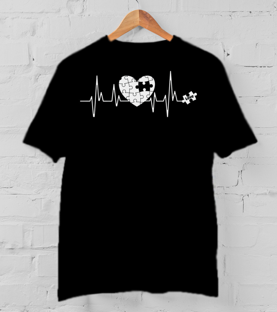 Love Heart Puzzle Autism Awareness Heartbeat T-Shirt