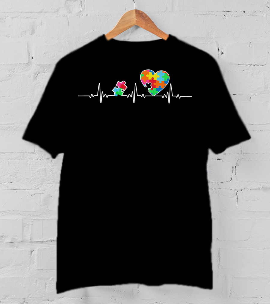 Autism Awareness Puzzle Heartbeat With Colorful Puzzle Heart T-Shirt