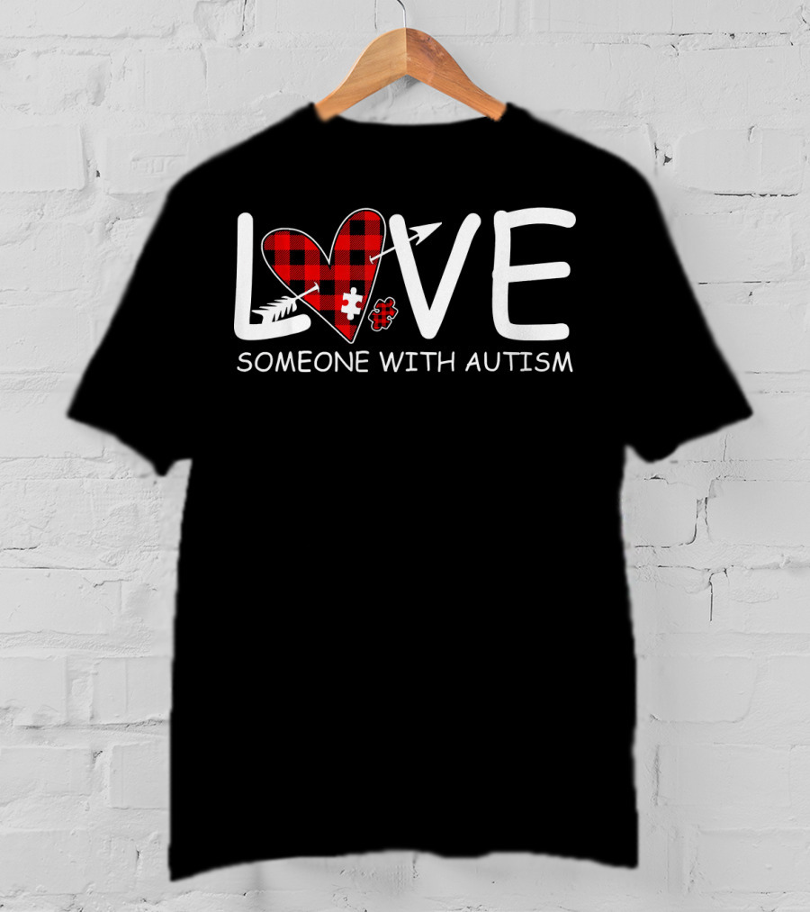 Love Someone With Autism Red Plaid Heart Puzzle Piece T-Shirt