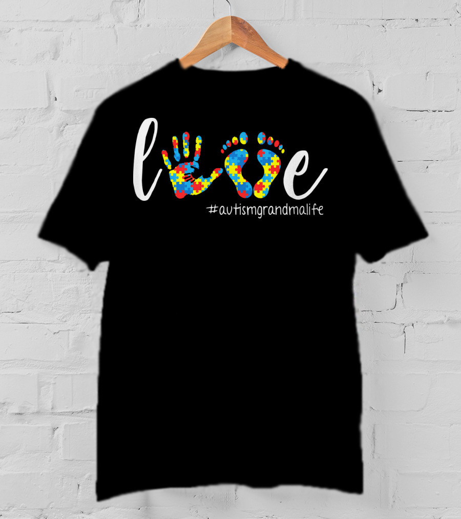 Love Autism Grandma Life Handprint Footprint Puzzle T-Shirt