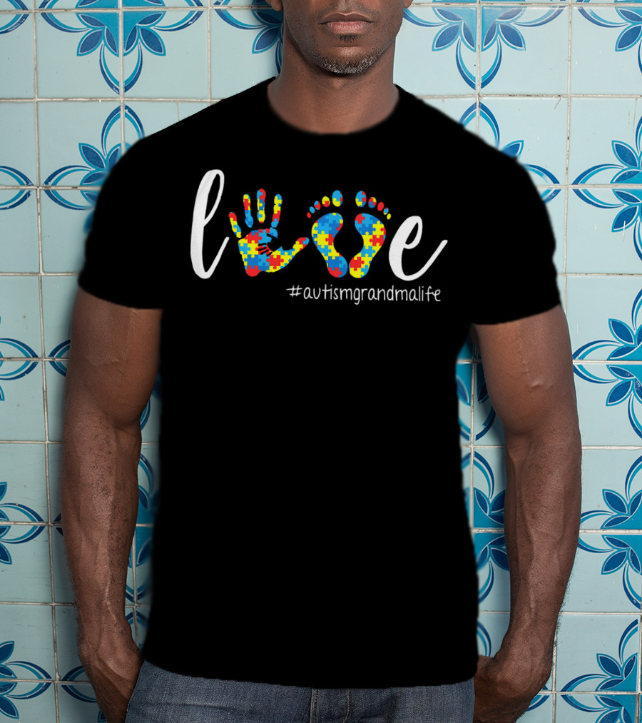 Love Autism Grandma Life Handprint Footprint Puzzle T-Shirt