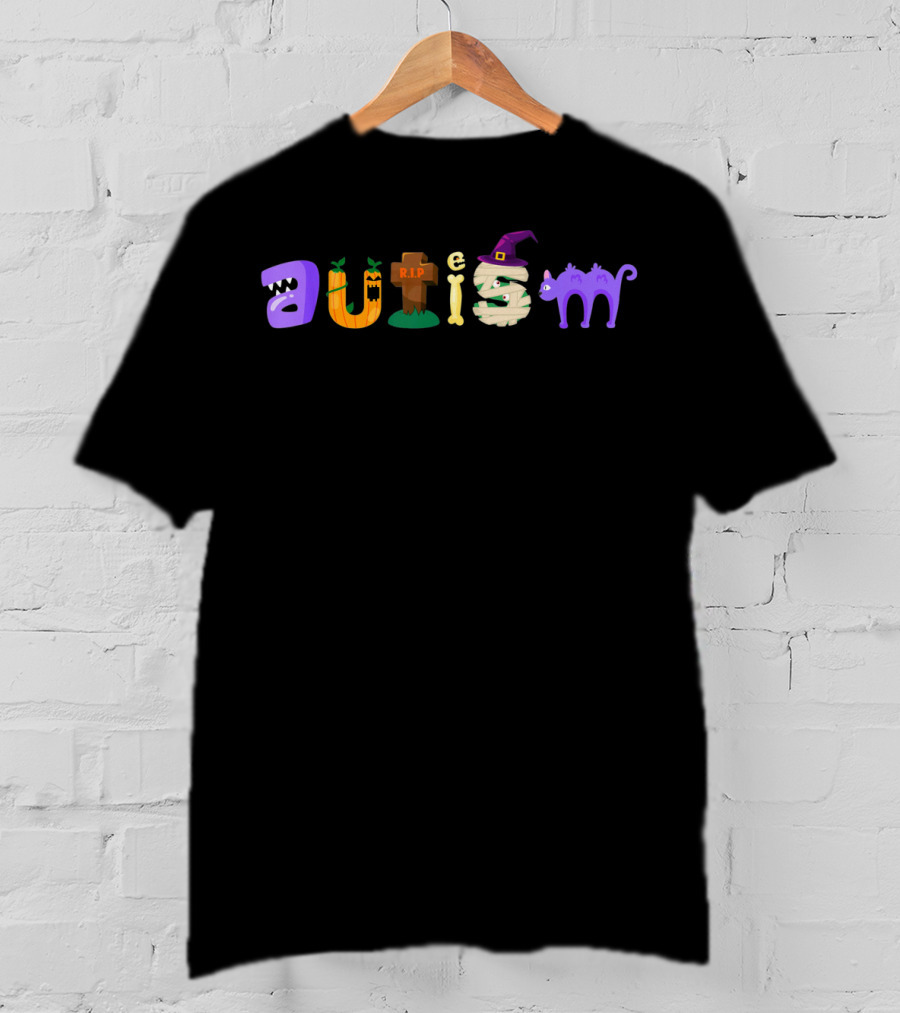 Autism Awareness Halloween Pumpkin Cat Witch Tombstone Bone T-Shirt