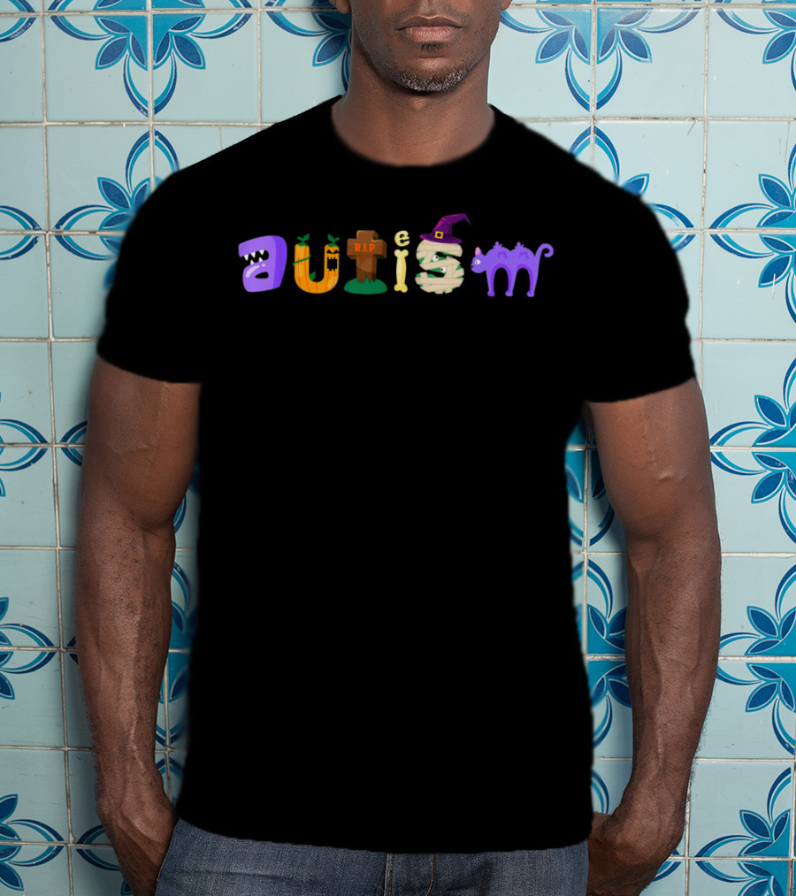 Autism Awareness Halloween Pumpkin Cat Witch Tombstone Bone T-Shirt