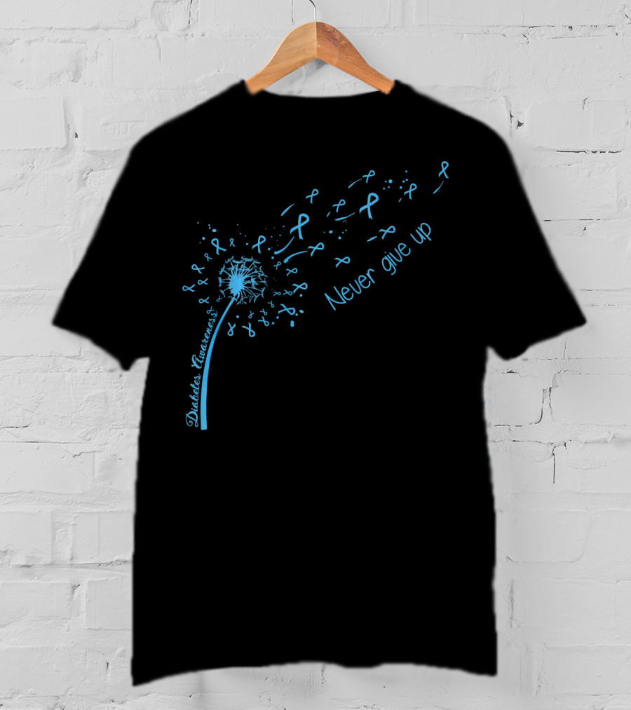 Diabetes Awareness Never Give Up Blue Ribbon Dandelion T-Shirt