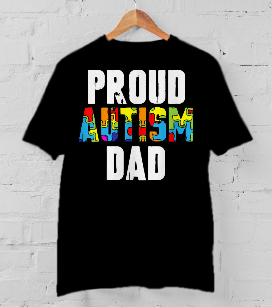 Proud Autism Dad Colorful Puzzle Piece Autism Awareness T-Shirt