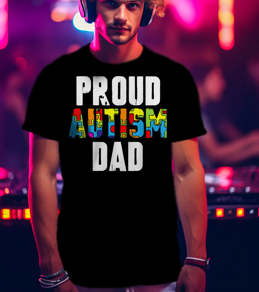 Proud Autism Dad Colorful Puzzle Piece Autism Awareness T-Shirt