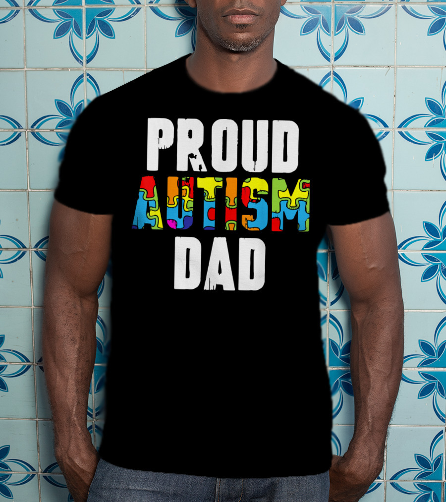Proud Autism Dad Colorful Puzzle Piece Autism Awareness T-Shirt