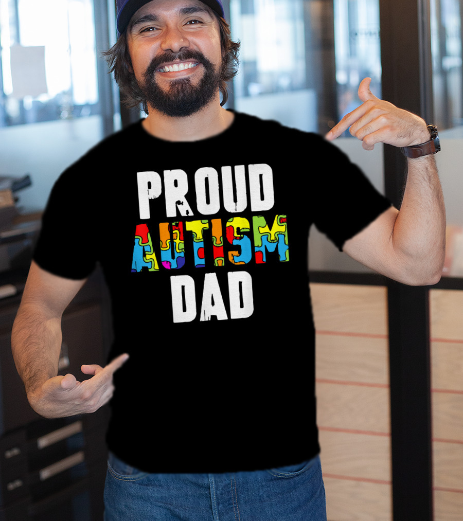 Proud Autism Dad Colorful Puzzle Piece Autism Awareness T-Shirt