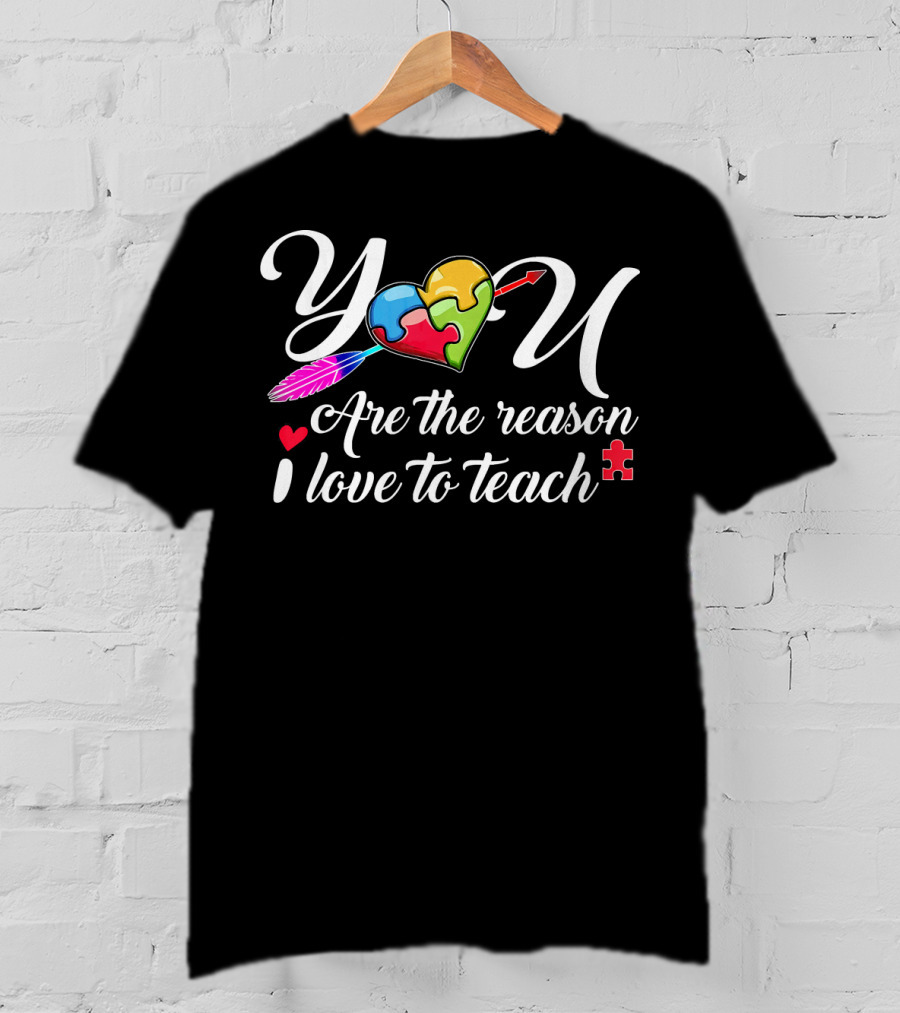 You Are The Reason I Love To Teach Autism Puzzle Heart Arrow Feathers T-Shirt