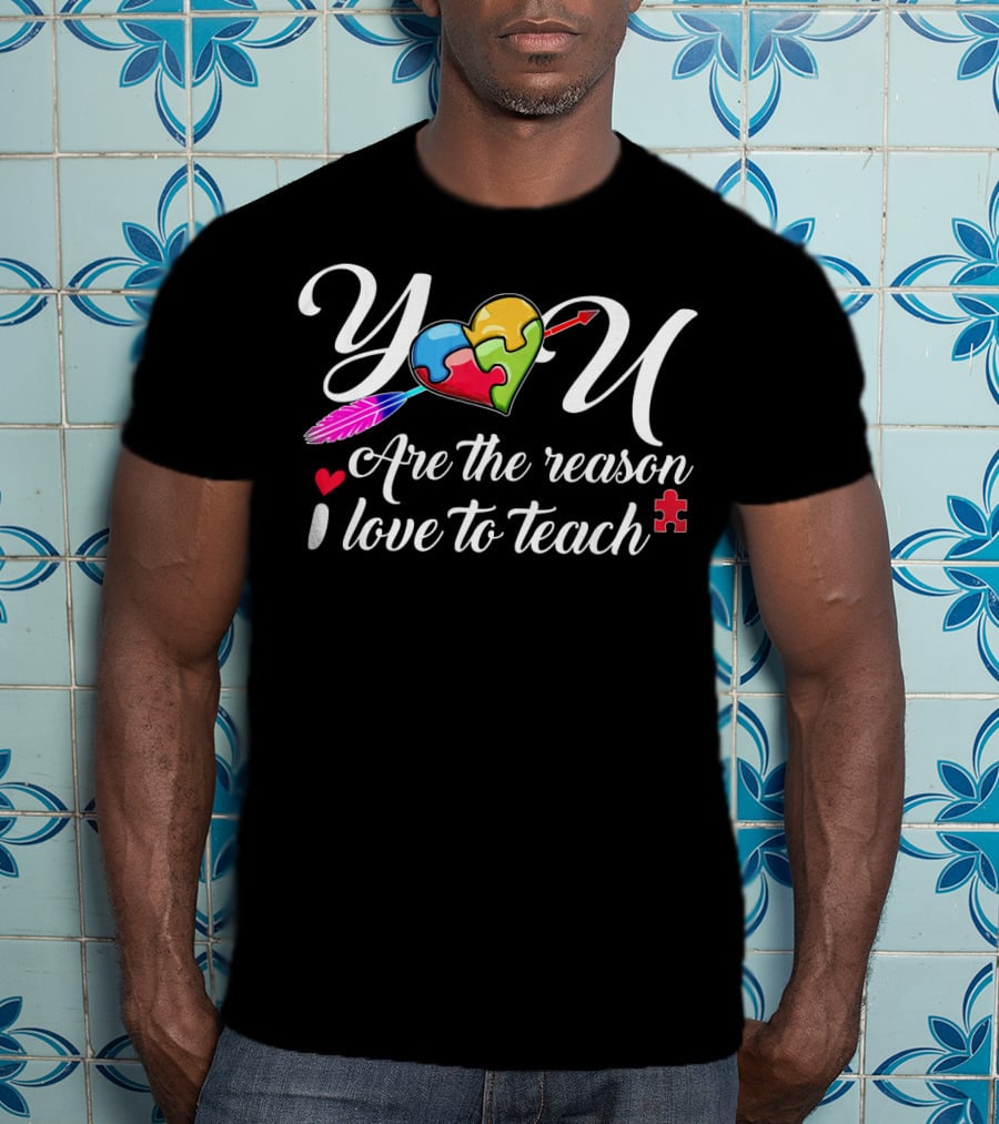 You Are The Reason I Love To Teach Autism Puzzle Heart Arrow Feathers T-Shirt