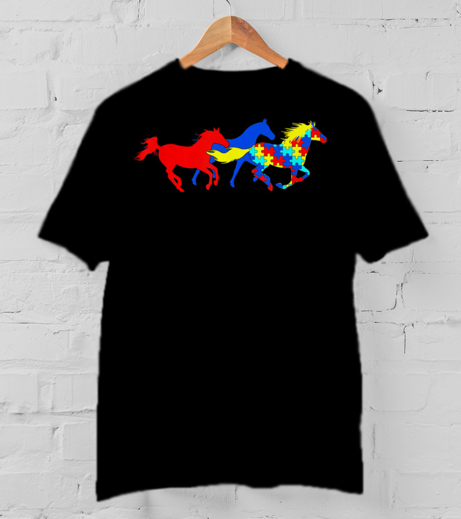 Autism Awareness Colorful Puzzle Horses Running T-Shirt