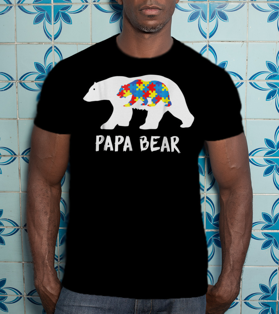 Papa Bear White Bear With Puzzle Bear Autism T-Shirt