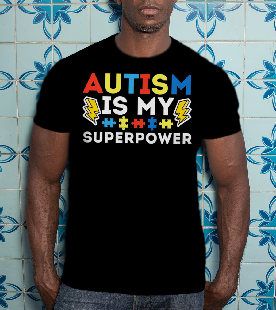 Kids Autism Awareness Autism Is My Superpower Puzzle Lightning T-Shirt