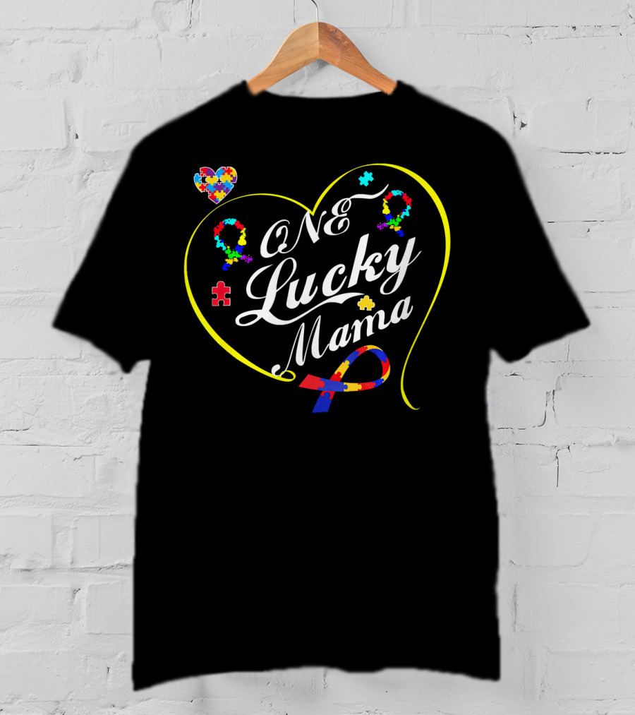 One Lucky Mama Autism Awareness Heart Puzzle T-Shirt