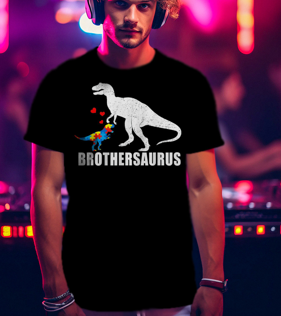 Brothersaurus Dinosaur With Puzzle Pattern For Autism Awareness T-Shirt
