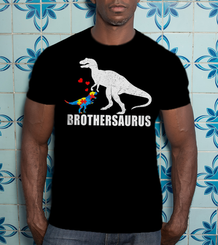 Brothersaurus Dinosaur With Puzzle Pattern For Autism Awareness T-Shirt