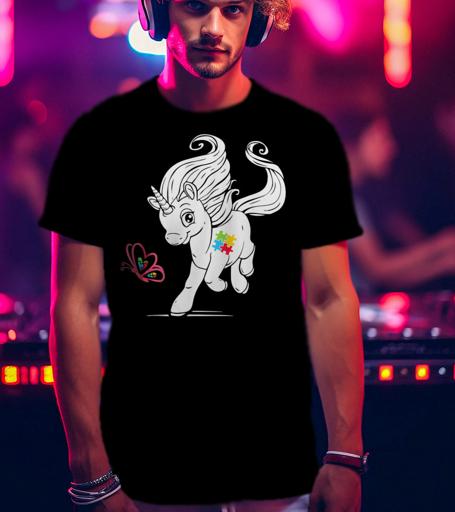 Unicorn Butterfly Autism Puzzle Awareness T-Shirt
