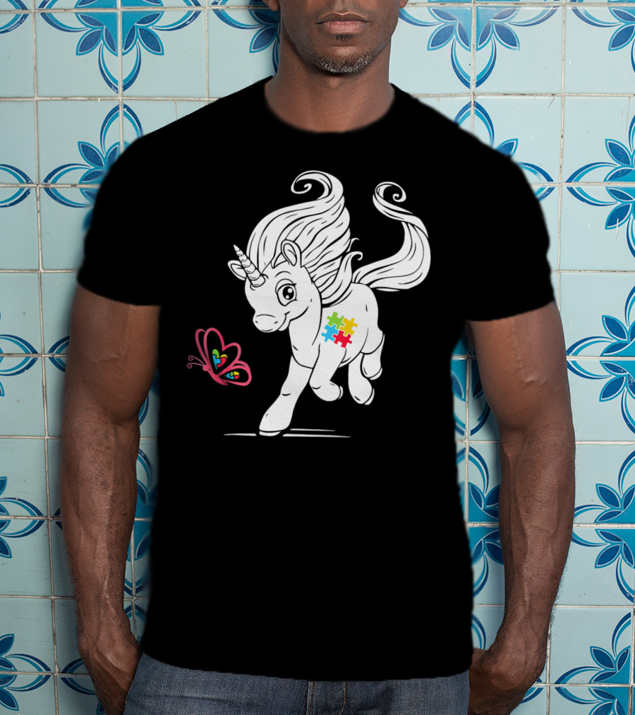 Unicorn Butterfly Autism Puzzle Awareness T-Shirt