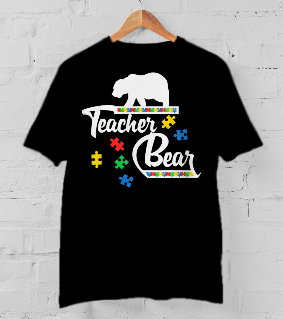 Teacher Bear Autism Awareness Puzzle Pieces T-Shirt