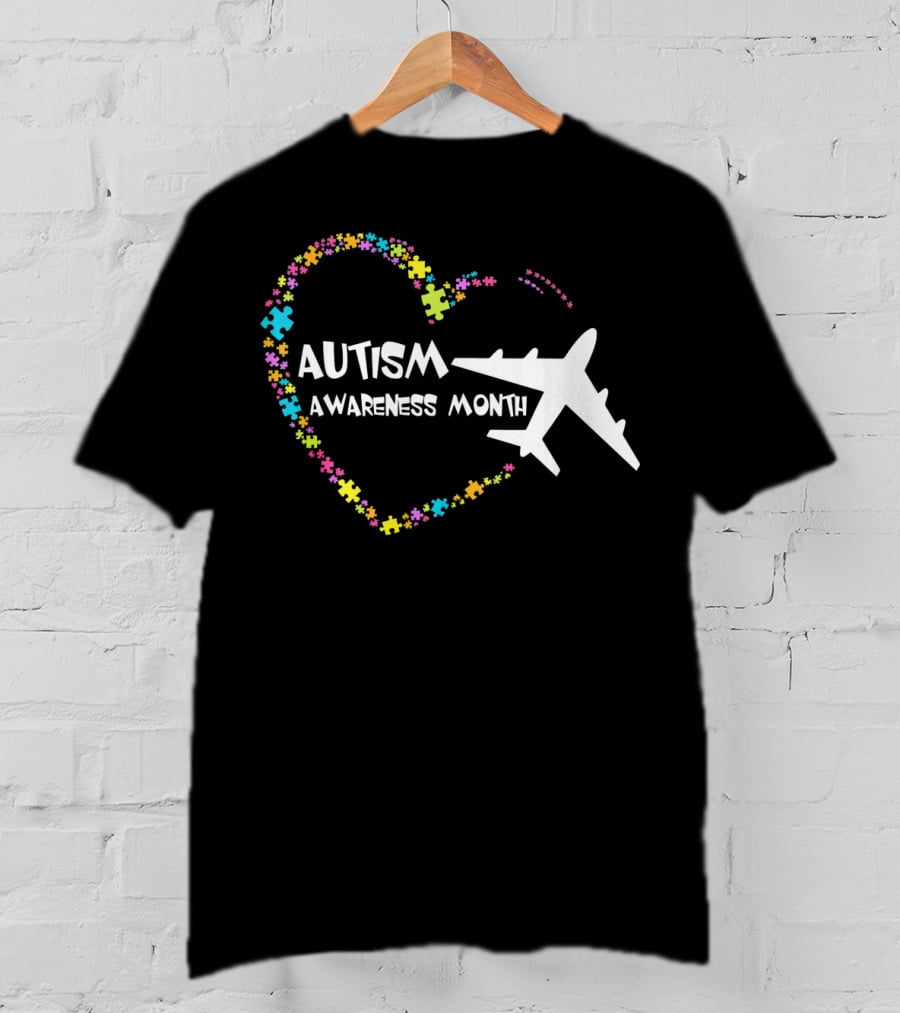 Autism Awareness Month Heart Puzzle With Airplane T-Shirt