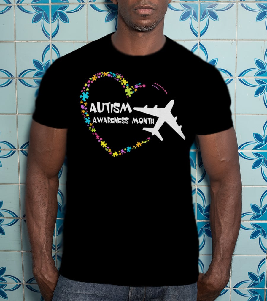 Autism Awareness Month Heart Puzzle With Airplane T-Shirt
