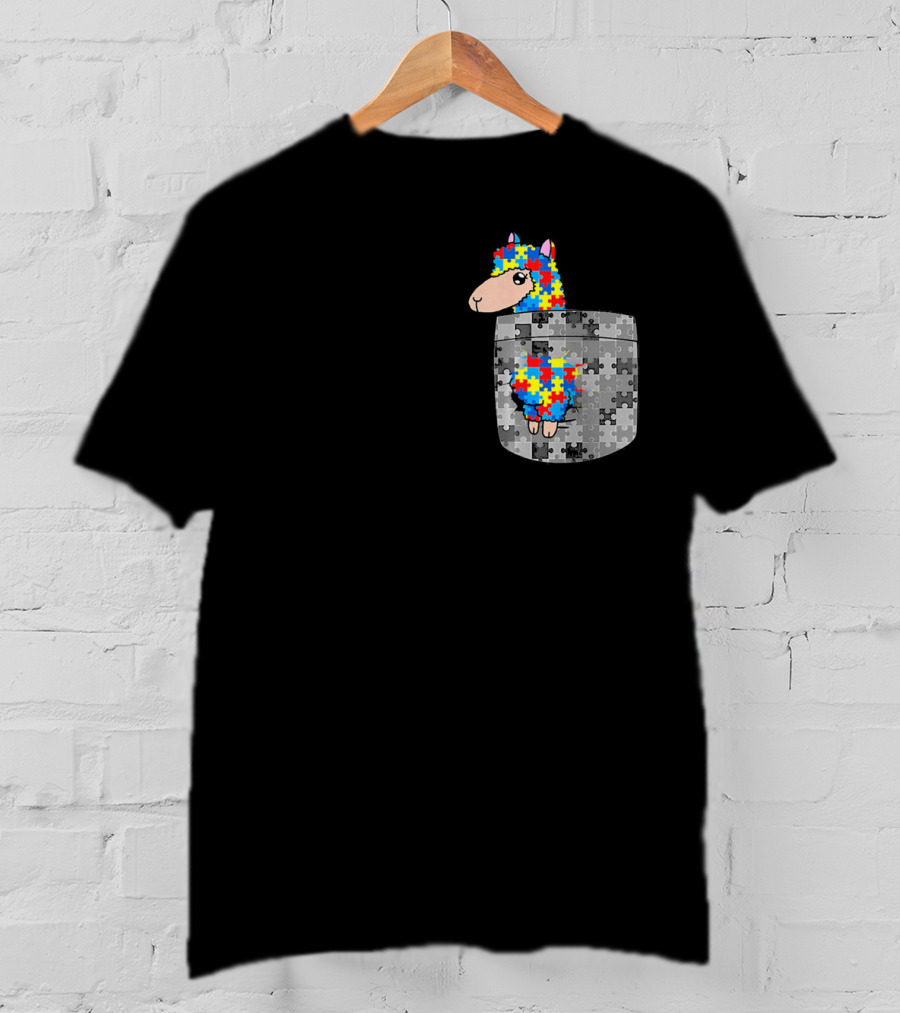 Funny Puzzle Pocket Llama Autism Awareness T-Shirt
