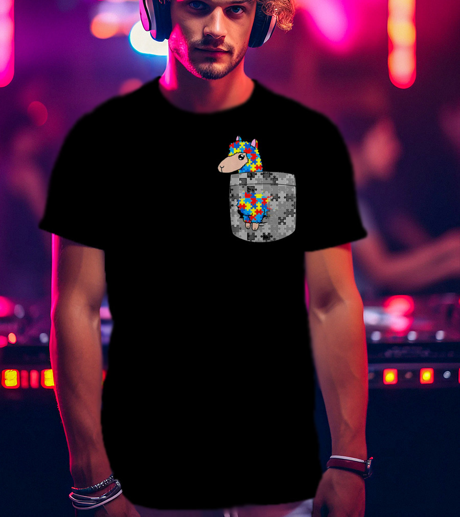 Funny Puzzle Pocket Llama Autism Awareness T-Shirt