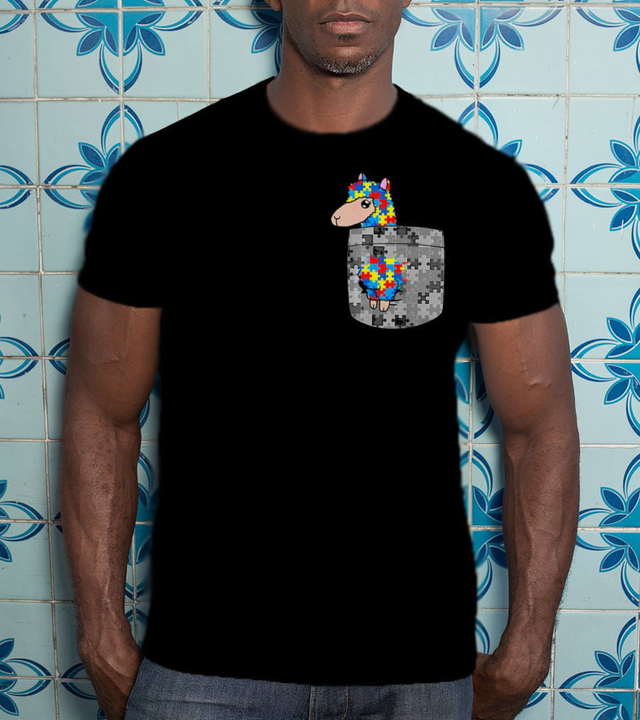 Funny Puzzle Pocket Llama Autism Awareness T-Shirt