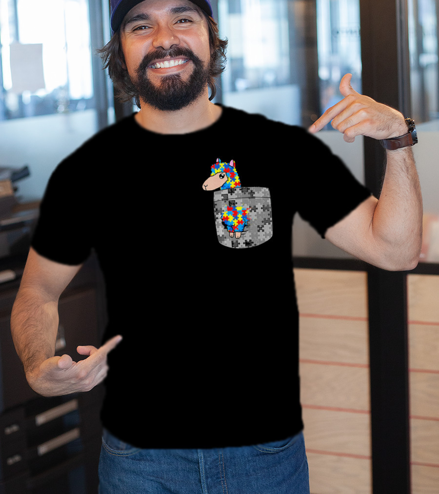 Funny Puzzle Pocket Llama Autism Awareness T-Shirt