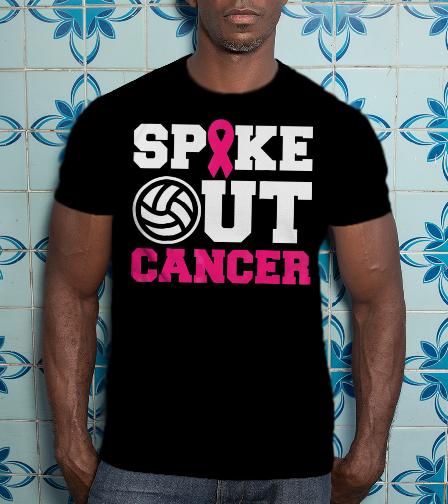 Volleyball Spike Out Cancer Pink Ribbon Breast Cancer Awareness T-Shirt