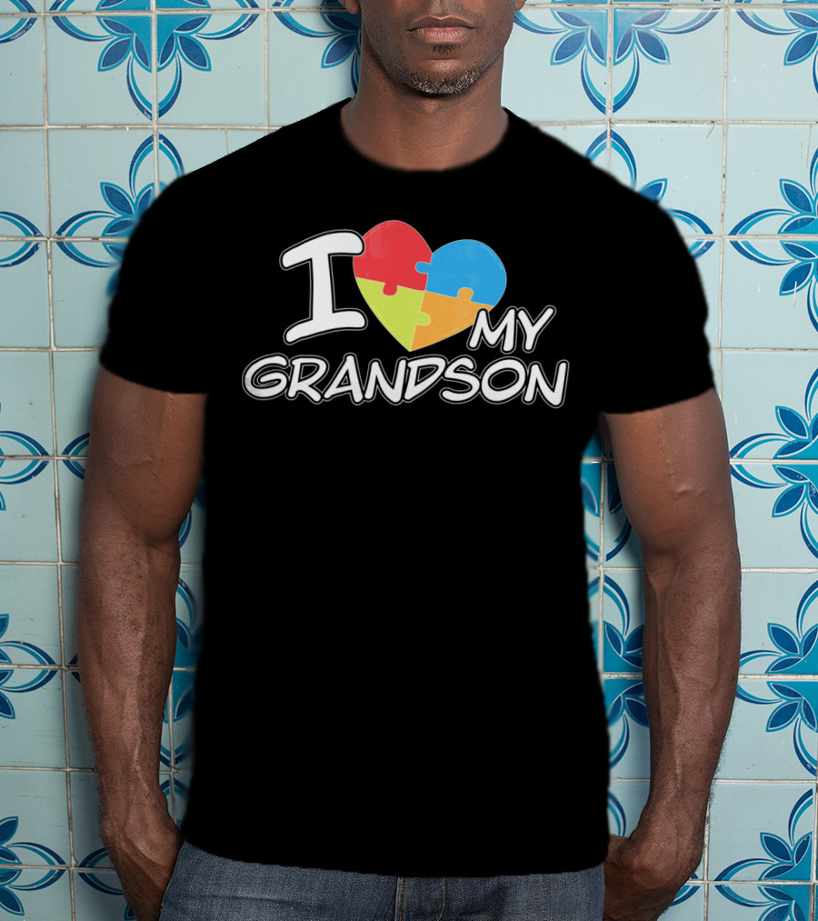 I Love My Grandson Puzzle Heart Autism Awareness T-Shirt