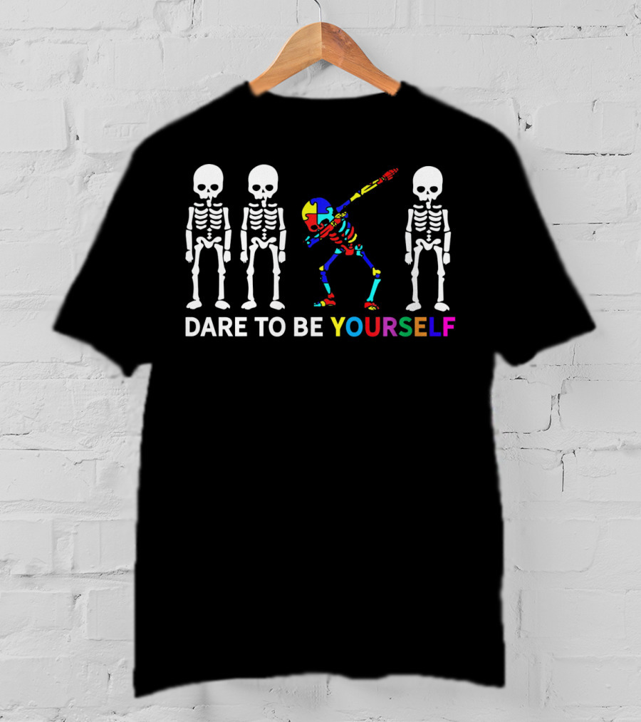 Skeleton Dabbing Dare To Be Yourself Autism Awareness T-Shirt