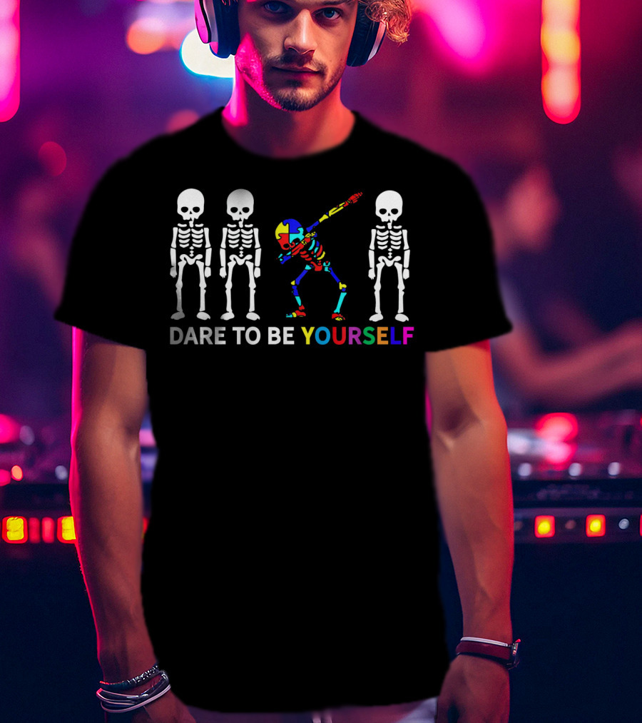 Skeleton Dabbing Dare To Be Yourself Autism Awareness T-Shirt