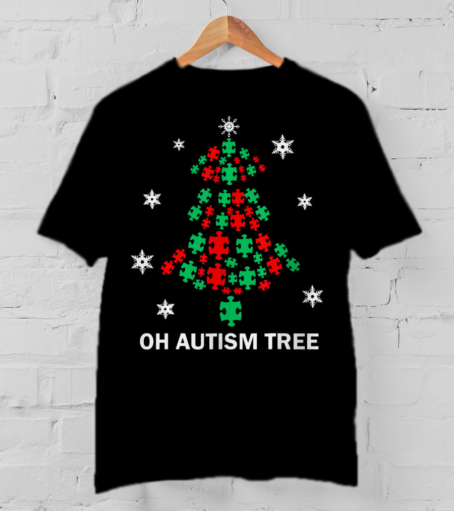 Oh Autism Christmas Tree Puzzle Piece Snowflakes T-Shirt